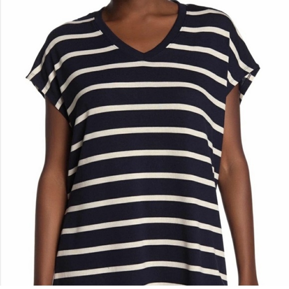 •CATHERINE MALANDRINO•NAVY & WHITE STRIPE OVERSIZED SHORT SLEEVE TUNIC TOP SMALL - Picture 1 of 6